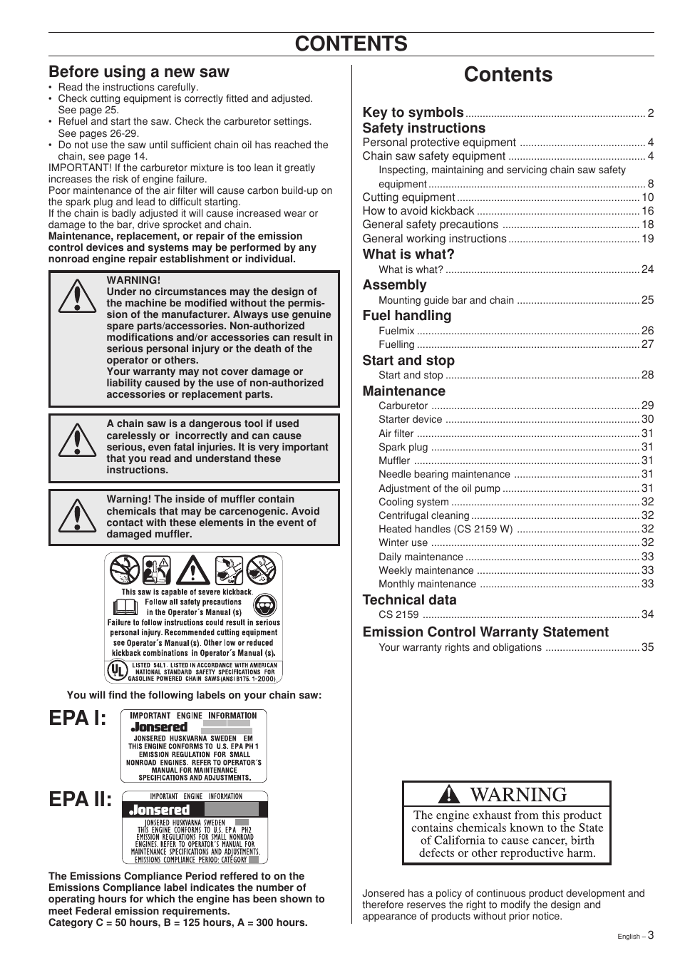 Jonsered cs 2159 User Manual | Page 3 / 36