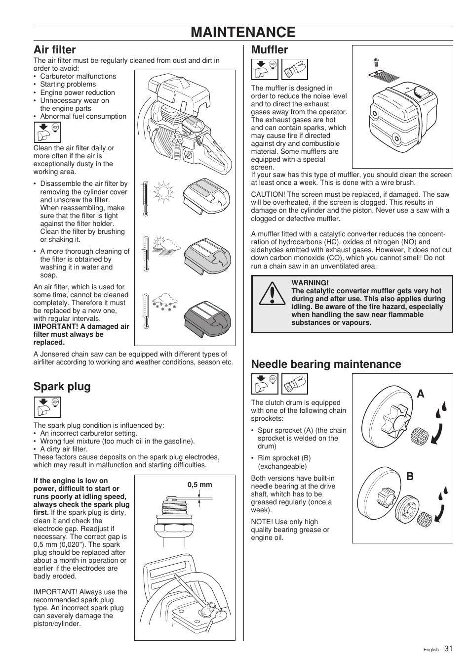 Maintenance, Muffler, Spark plug | Air filter, Needle bearing maintenance | Jonsered cs 2159 User Manual | Page 31 / 36