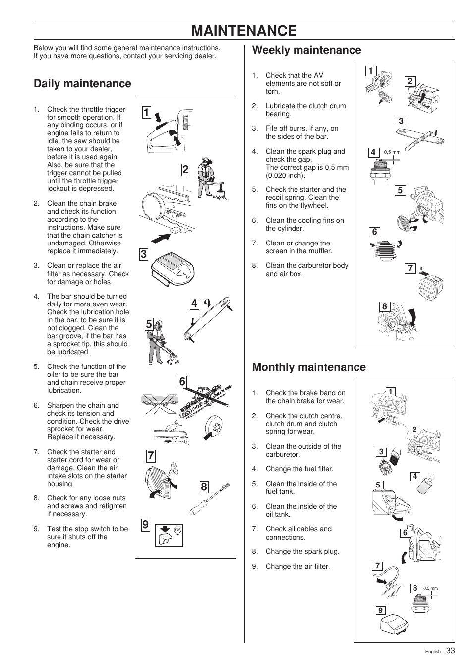 Maintenance, Weekly maintenance, Monthly maintenance | Daily maintenance | Jonsered cs 2159 User Manual | Page 33 / 36