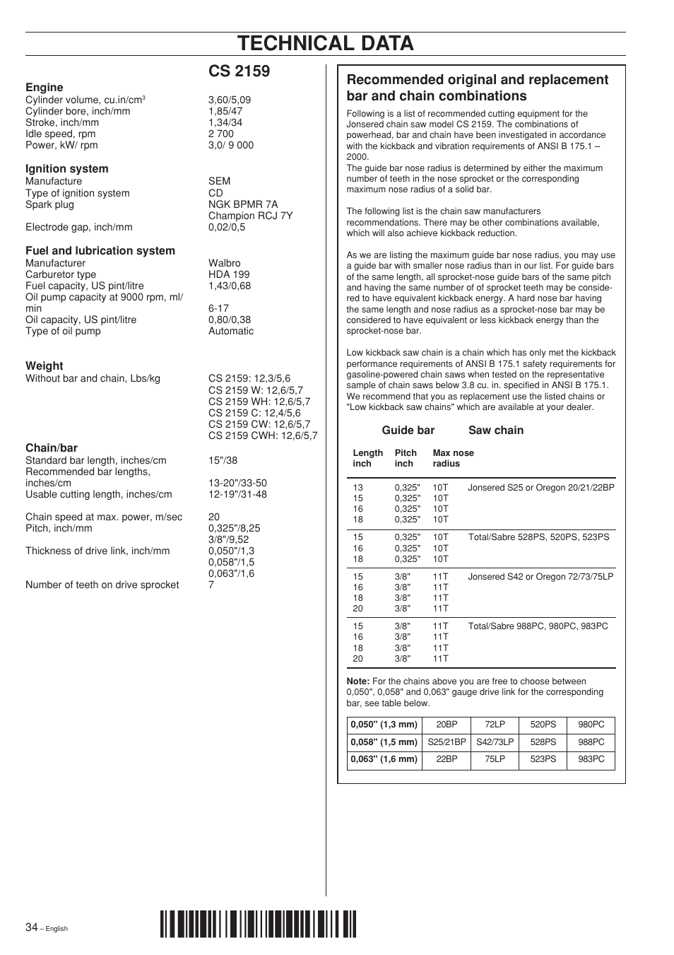 Technical data, Z*xv•¶5v, Cs 2159 | Jonsered cs 2159 User Manual | Page 34 / 36