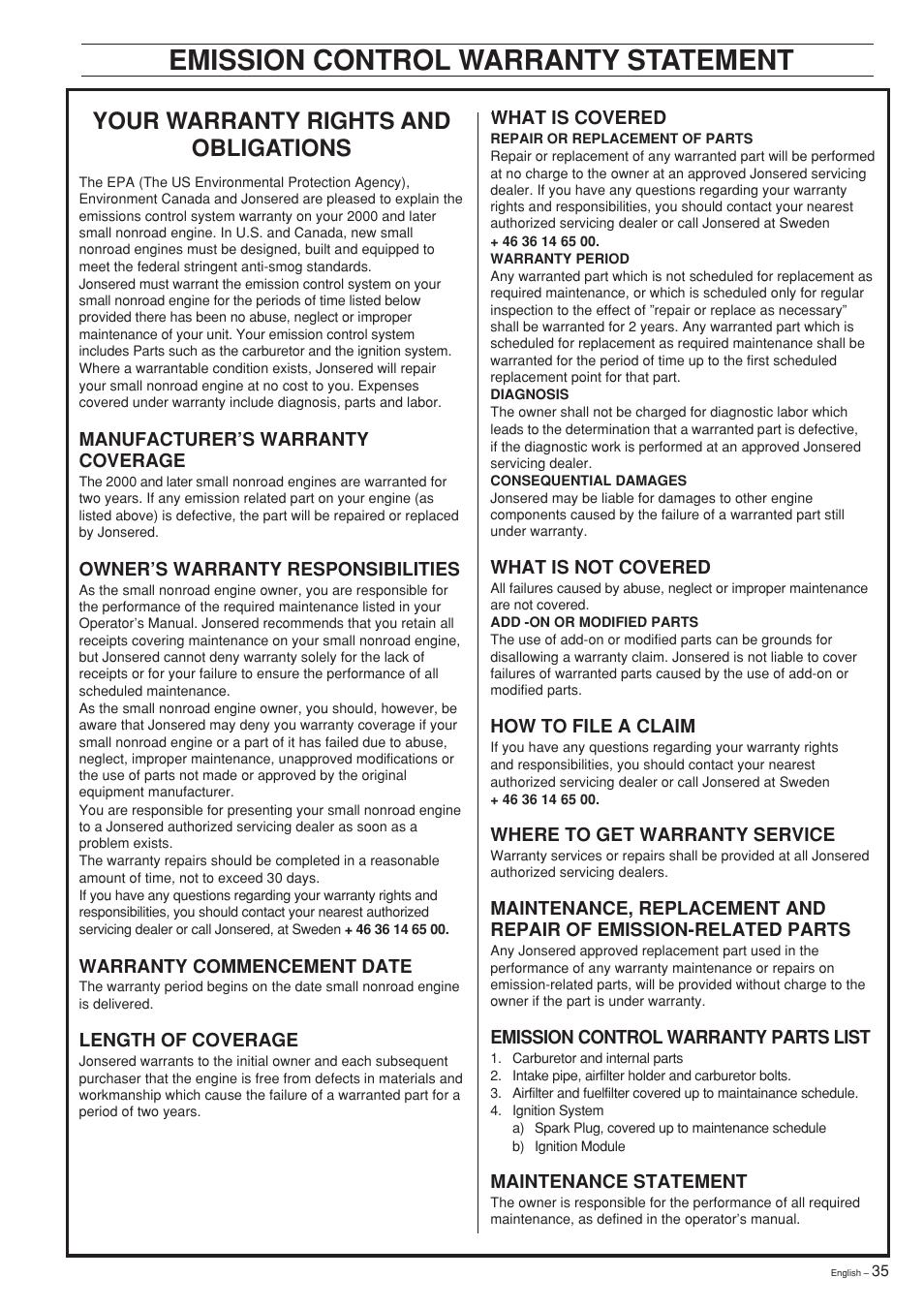 Emission control warranty statement, Your warranty rights and obligations | Jonsered cs 2159 User Manual | Page 35 / 36