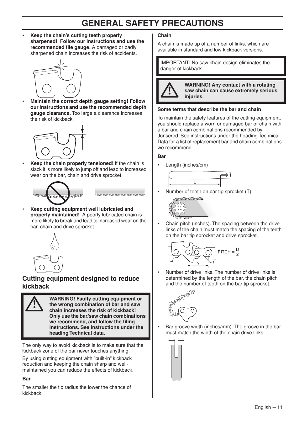 General safety precautions, Cutting equipment designed to reduce kickback | Jonsered CS 2250S User Manual | Page 11 / 44