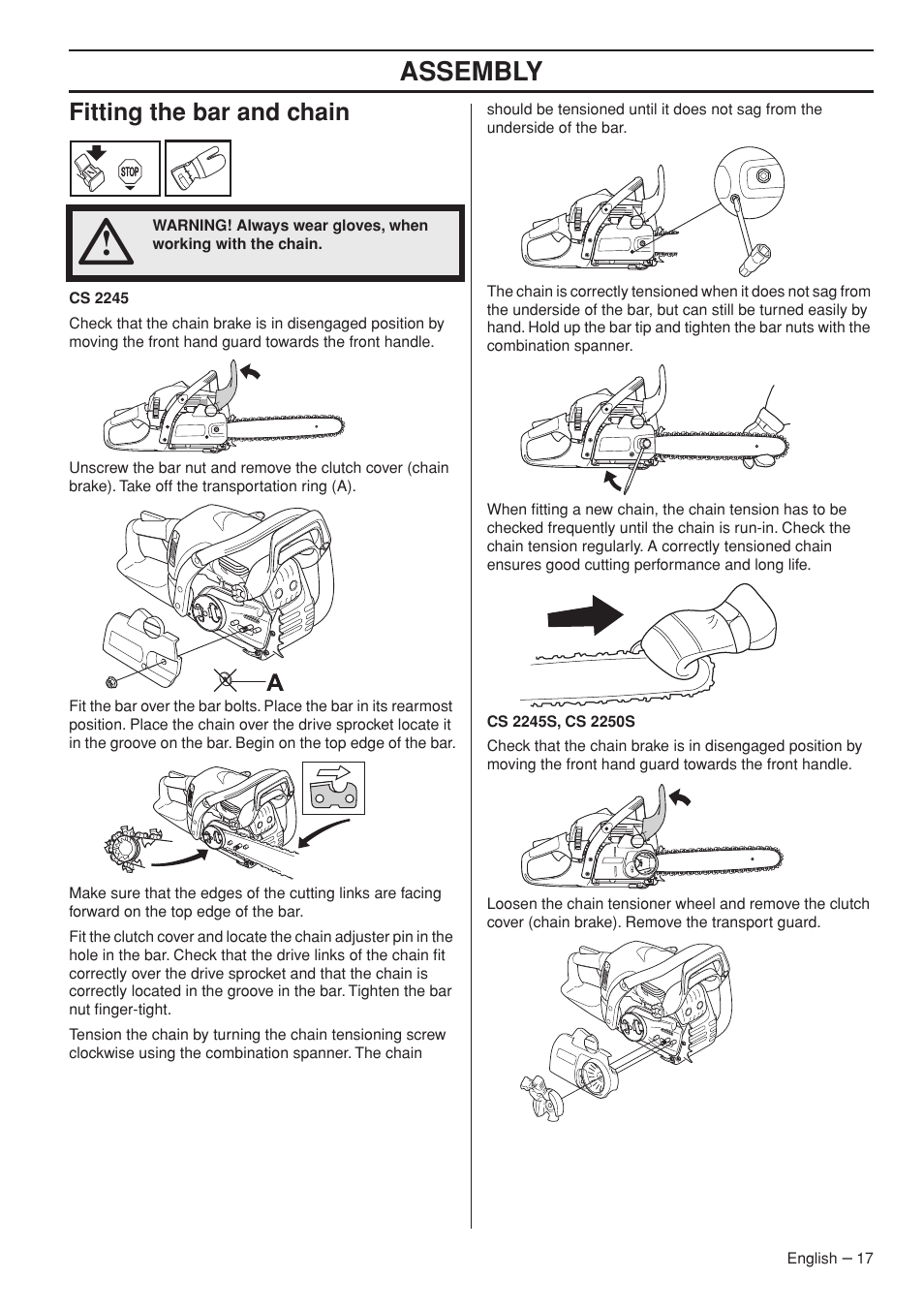 Assembly, Fitting the bar and chain | Jonsered CS 2250S User Manual | Page 17 / 44