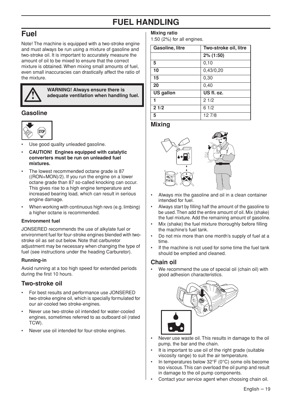 Fuel handling, Fuel, Gasoline | Two-stroke oil, Mixing, Chain oil | Jonsered CS 2250S User Manual | Page 19 / 44