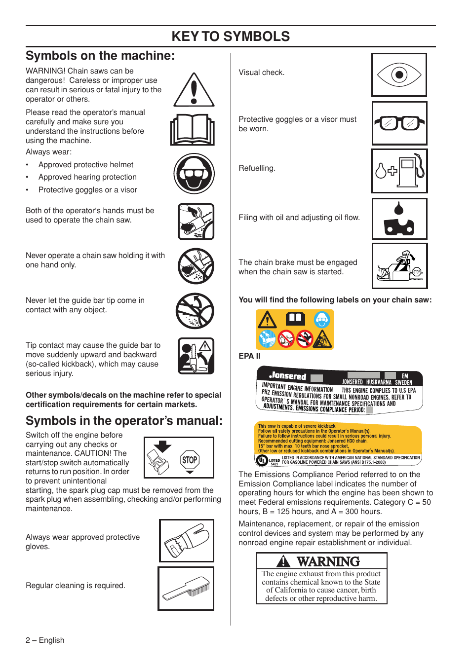 Key to symbols, Symbols on the machine, Symbols in the operator’s manual | Jonsered CS 2250S User Manual | Page 2 / 44