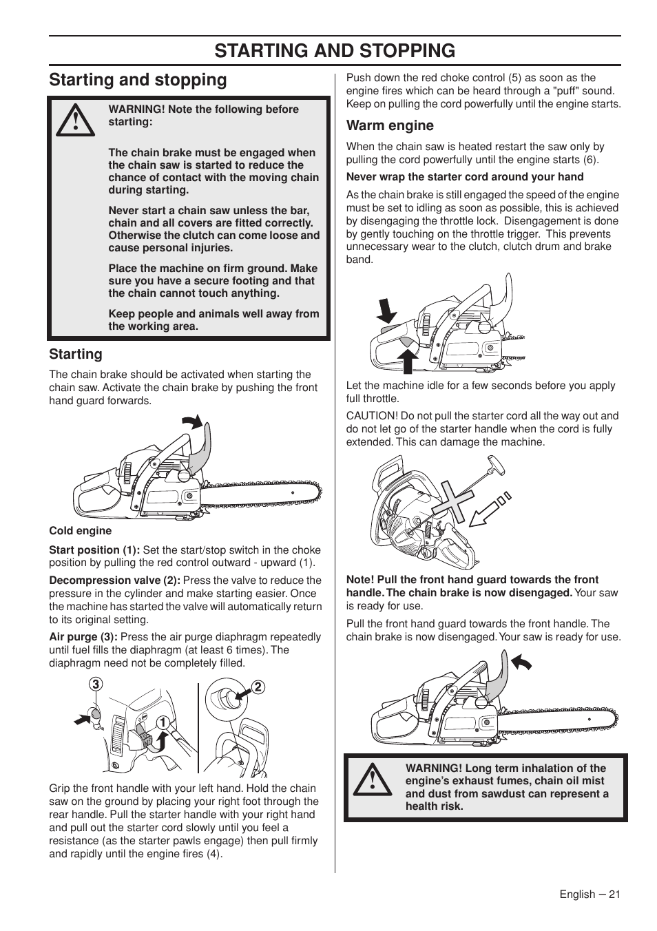 Starting and stopping | Jonsered CS 2250S User Manual | Page 21 / 44