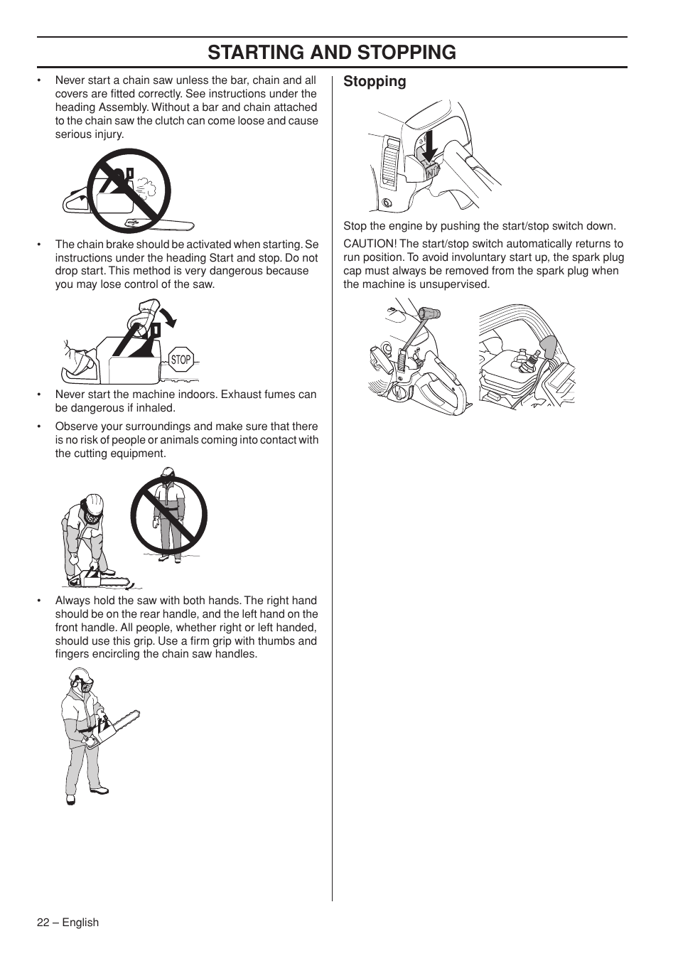 Starting and stopping, Stopping | Jonsered CS 2250S User Manual | Page 22 / 44