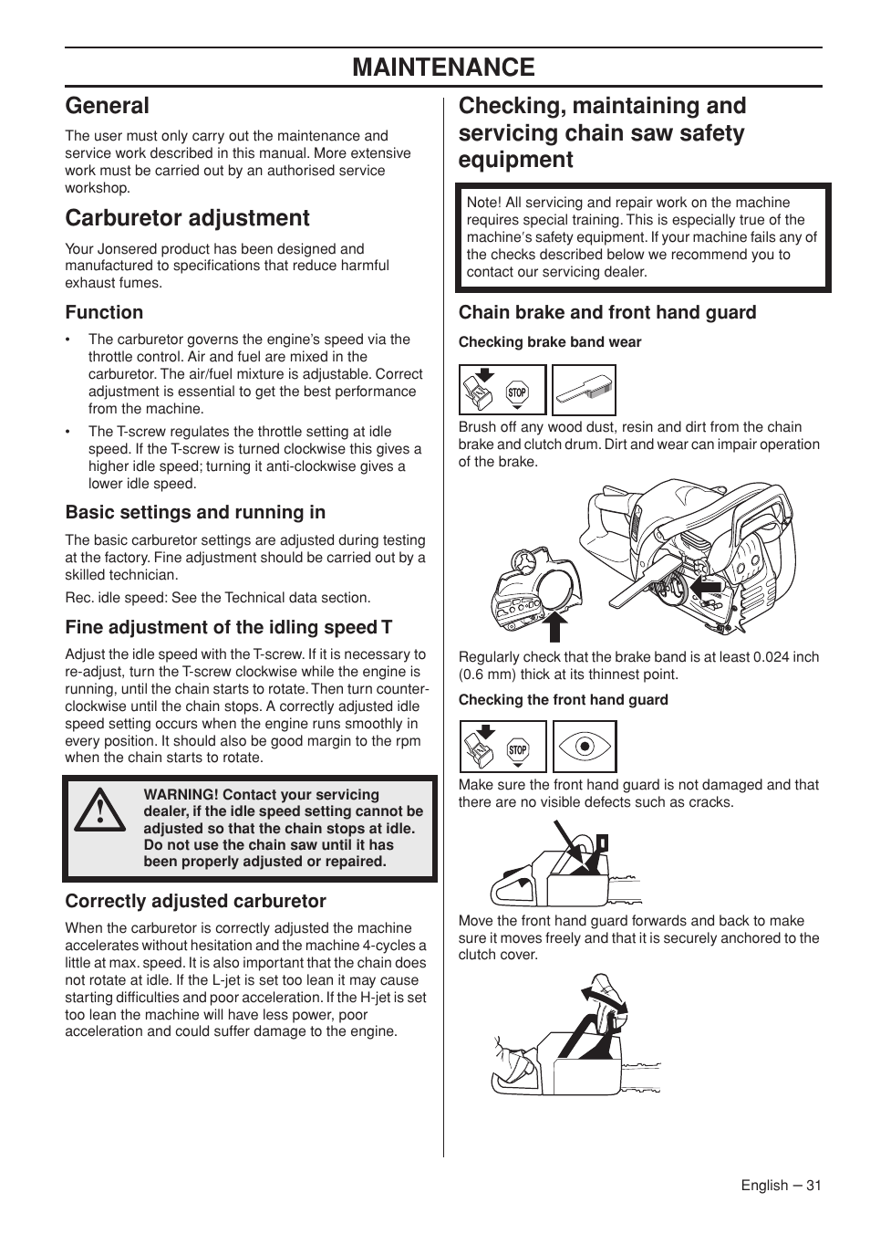 Maintenance, General, Carburetor adjustment | Jonsered CS 2250S User Manual | Page 31 / 44