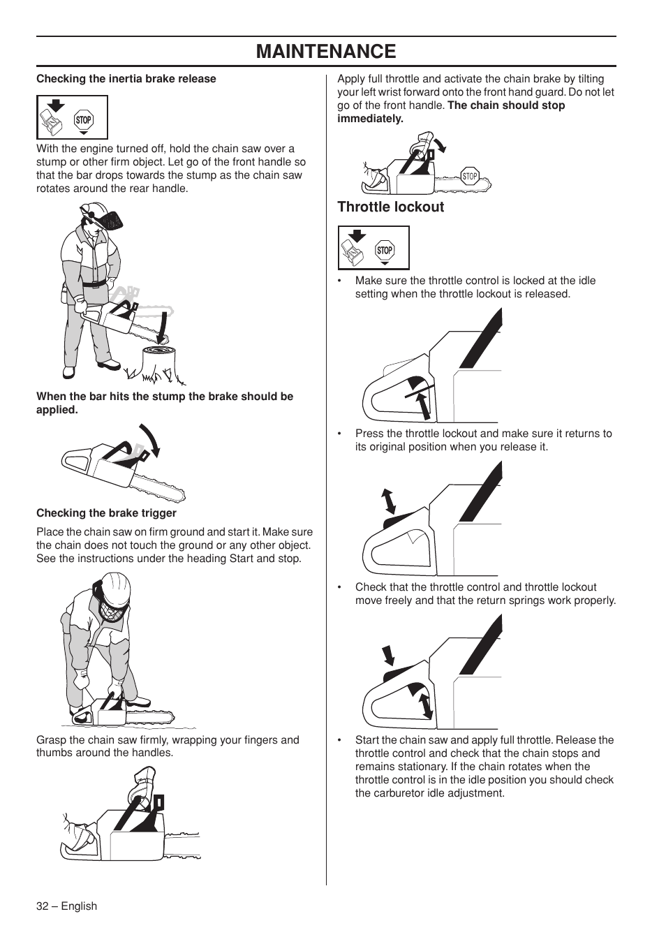 Maintenance, Throttle lockout | Jonsered CS 2250S User Manual | Page 32 / 44