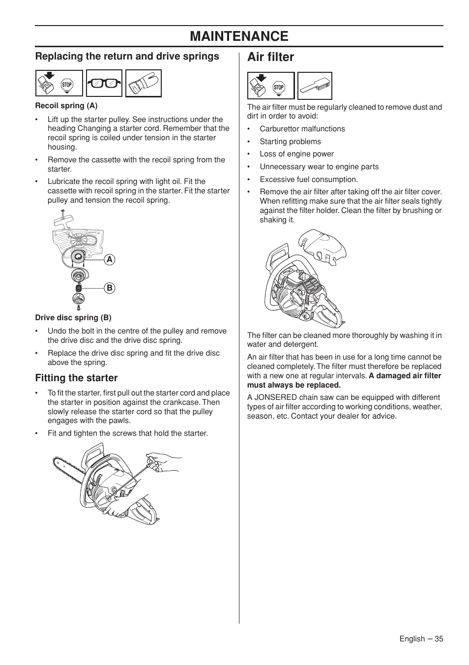 Maintenance, Air filter, Replacing the return and drive springs | Fitting the starter | Jonsered CS 2250S User Manual | Page 35 / 44