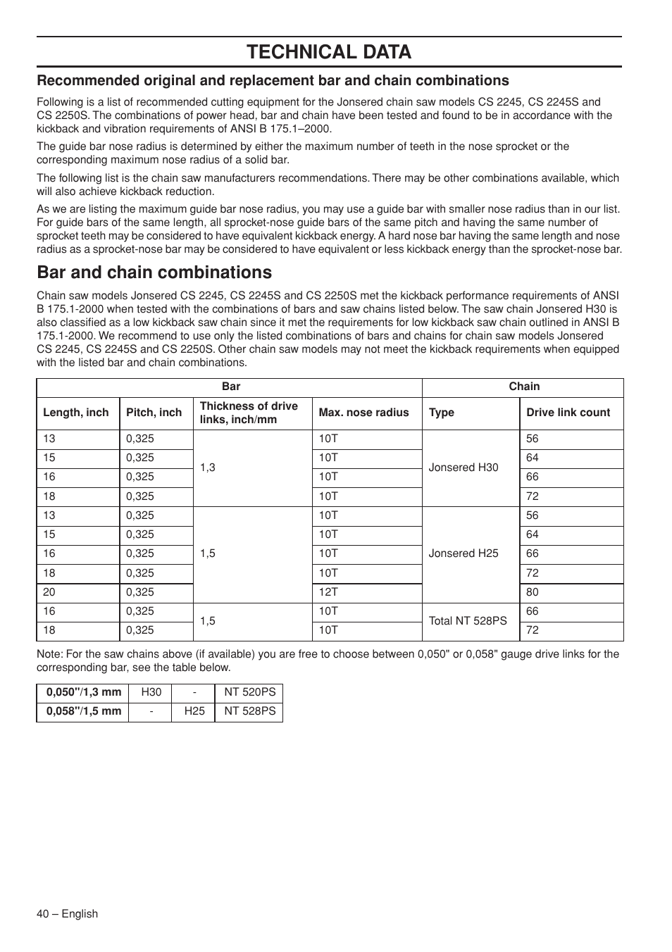 Technical data, Bar and chain combinations | Jonsered CS 2250S User Manual | Page 40 / 44