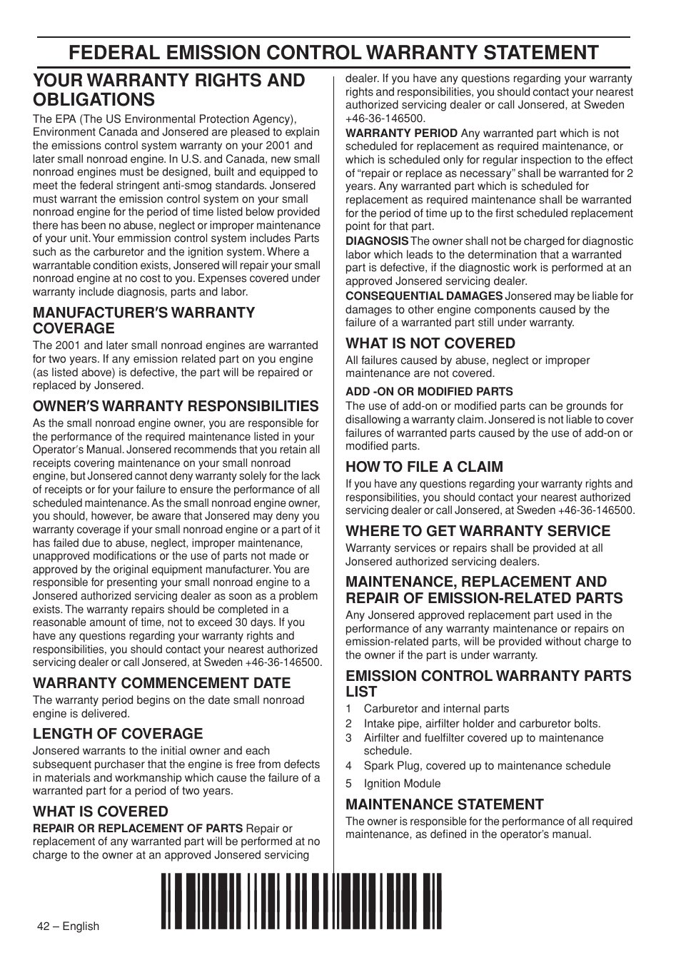 Federal emission control warranty statement, Z+s!=¶57, Your warranty rights and obligations | Jonsered CS 2250S User Manual | Page 42 / 44