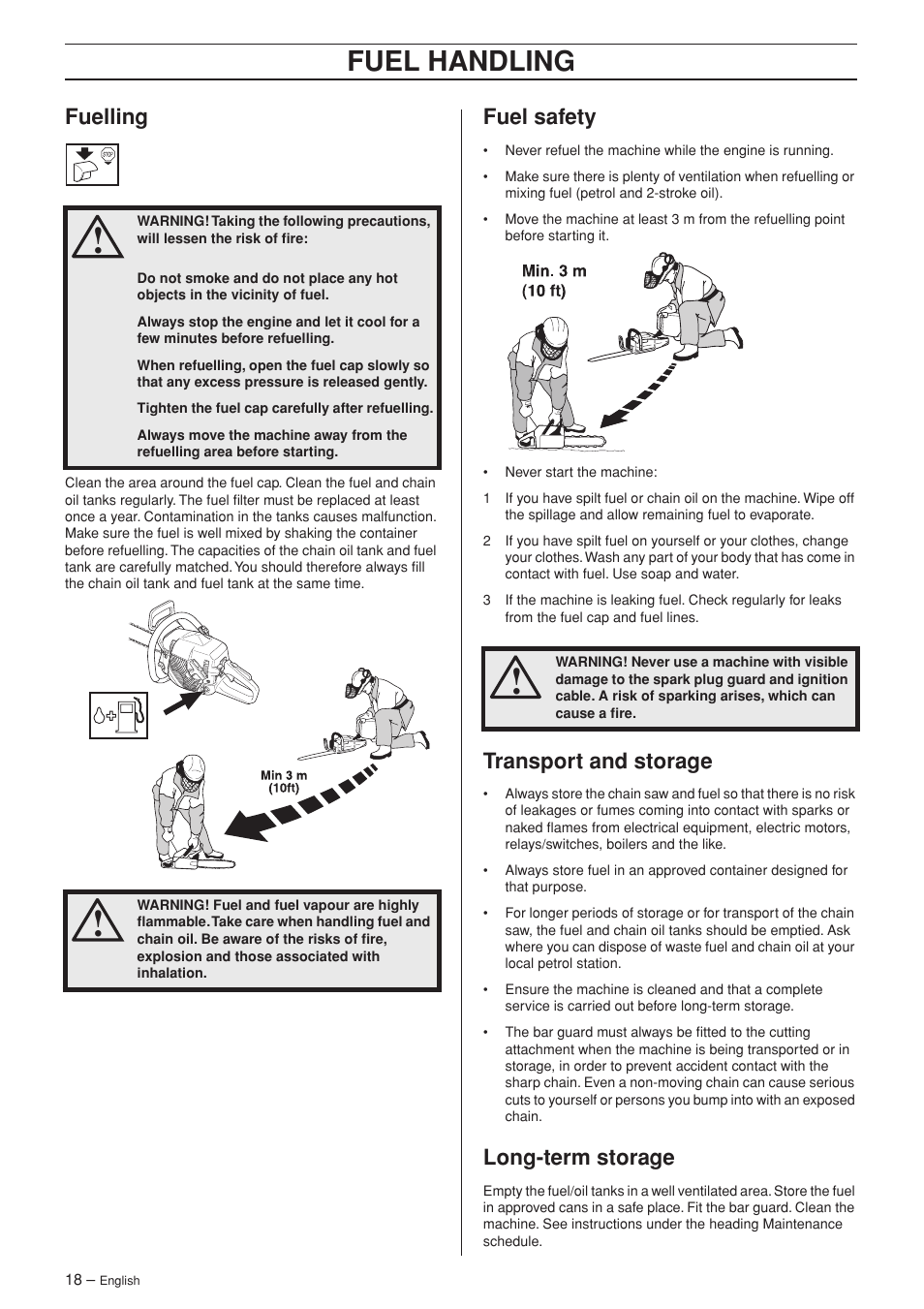 Fuelling, Fuel safety, Transport and storage | Long-term storage, Fuel handling | Jonsered CS 2150 User Manual | Page 18 / 40