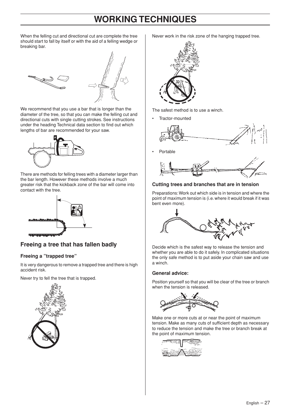Freeing a tree that has fallen badly, Working techniques | Jonsered CS 2150 User Manual | Page 27 / 40