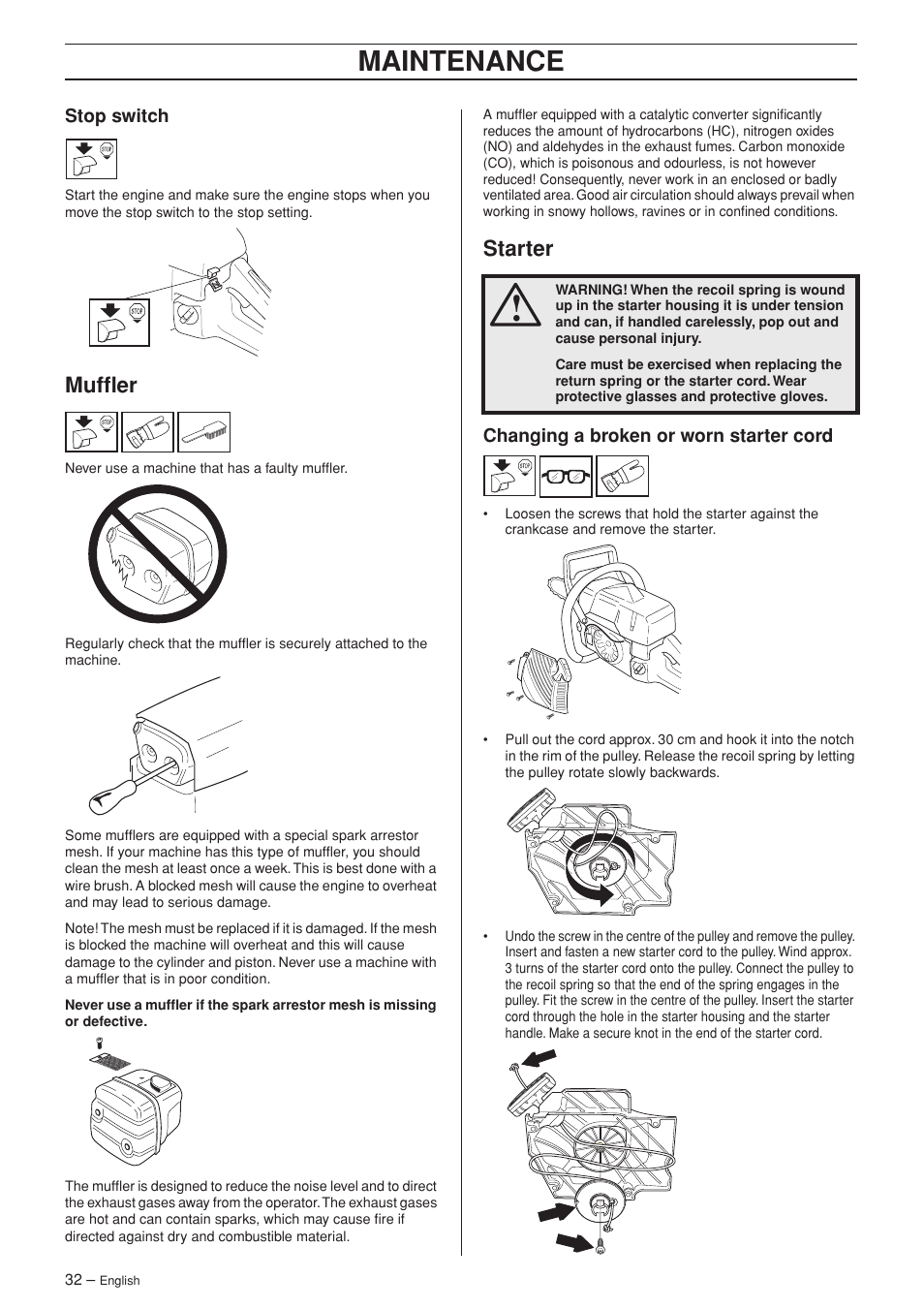Stop switch, Muffler, Starter | Changing a broken or worn starter cord, Maintenance | Jonsered CS 2150 User Manual | Page 32 / 40