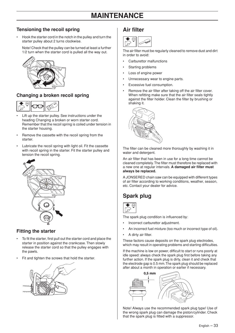 Tensioning the recoil spring, Changing a broken recoil spring, Fitting the starter | Air filter, Spark plug, Maintenance | Jonsered CS 2150 User Manual | Page 33 / 40