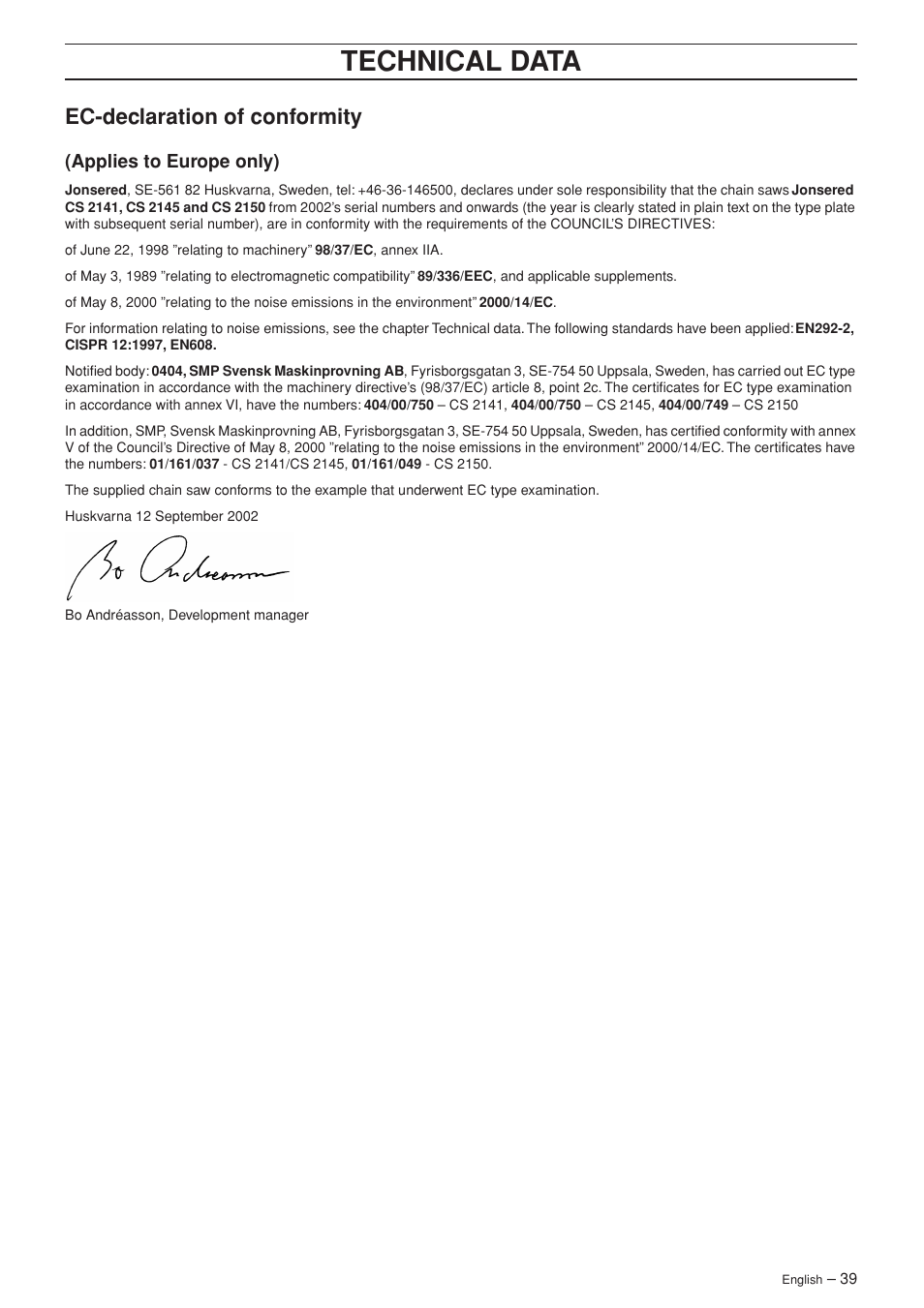 Ec-declaration of conformity, Applies to europe only), Technical data | Jonsered CS 2150 User Manual | Page 39 / 40