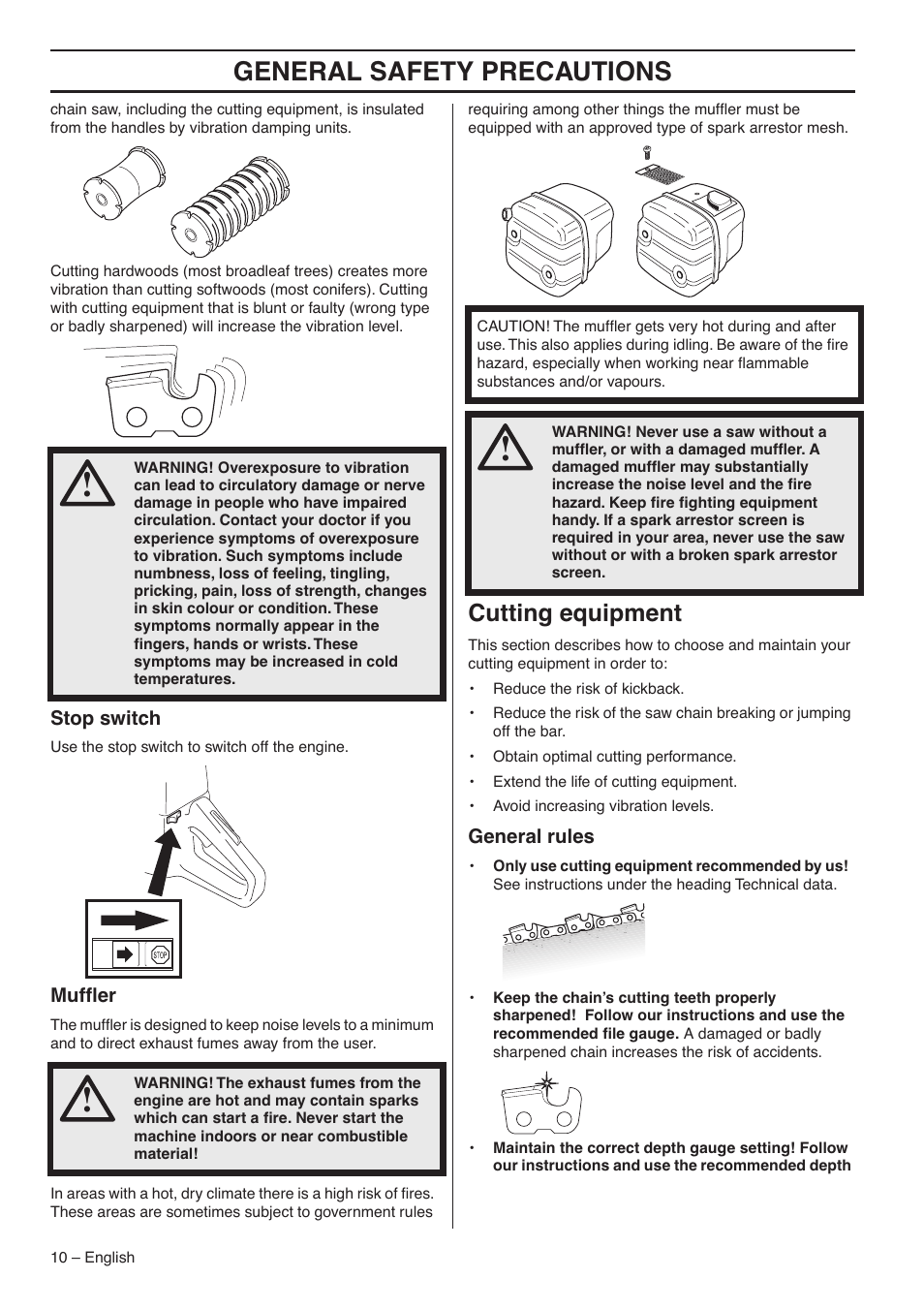 Stop switch, Muffler, Cutting equipment | General rules, General safety precautions | Jonsered CS 2188 User Manual | Page 10 / 44