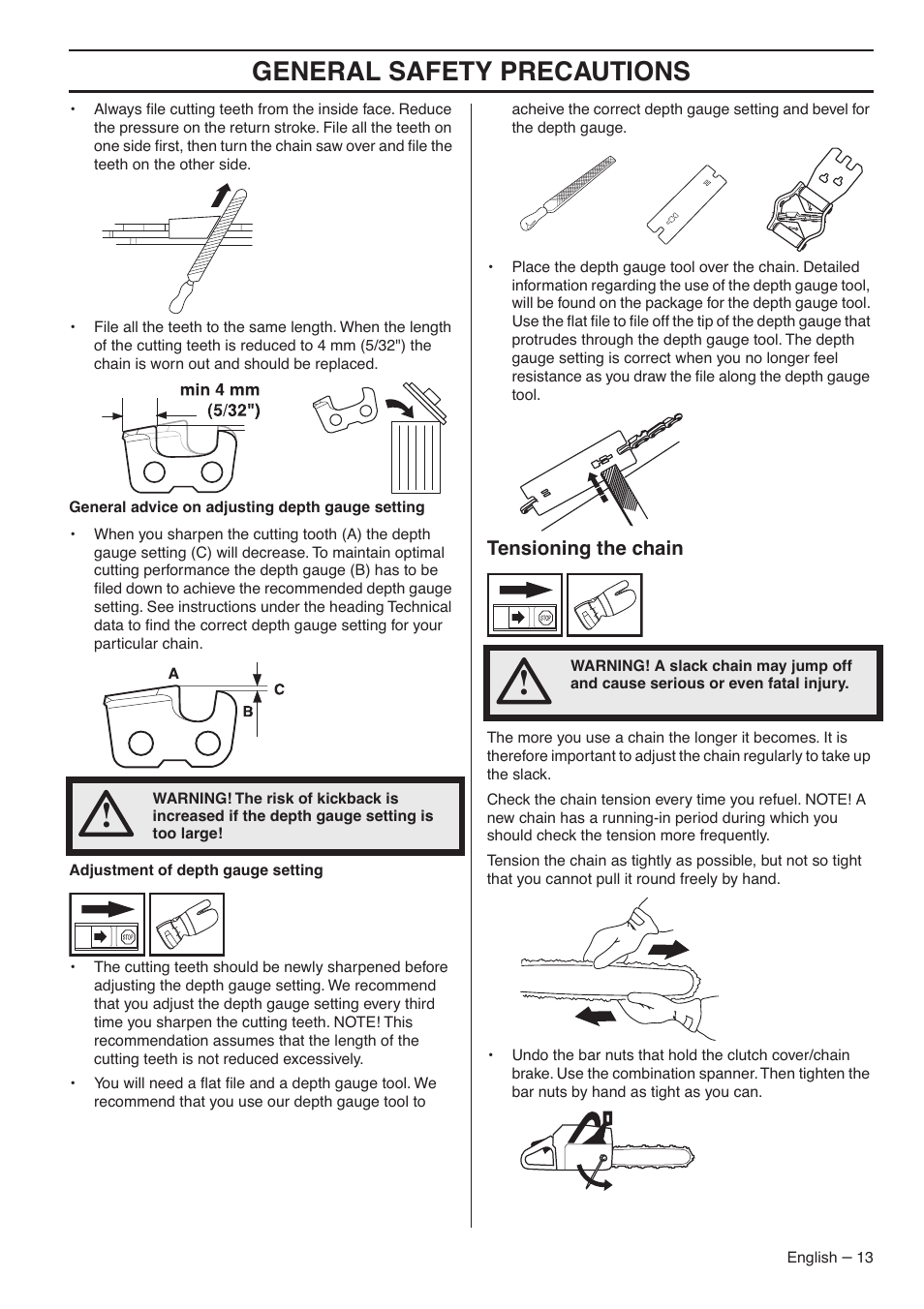Tensioning the chain, General safety precautions | Jonsered CS 2188 User Manual | Page 13 / 44