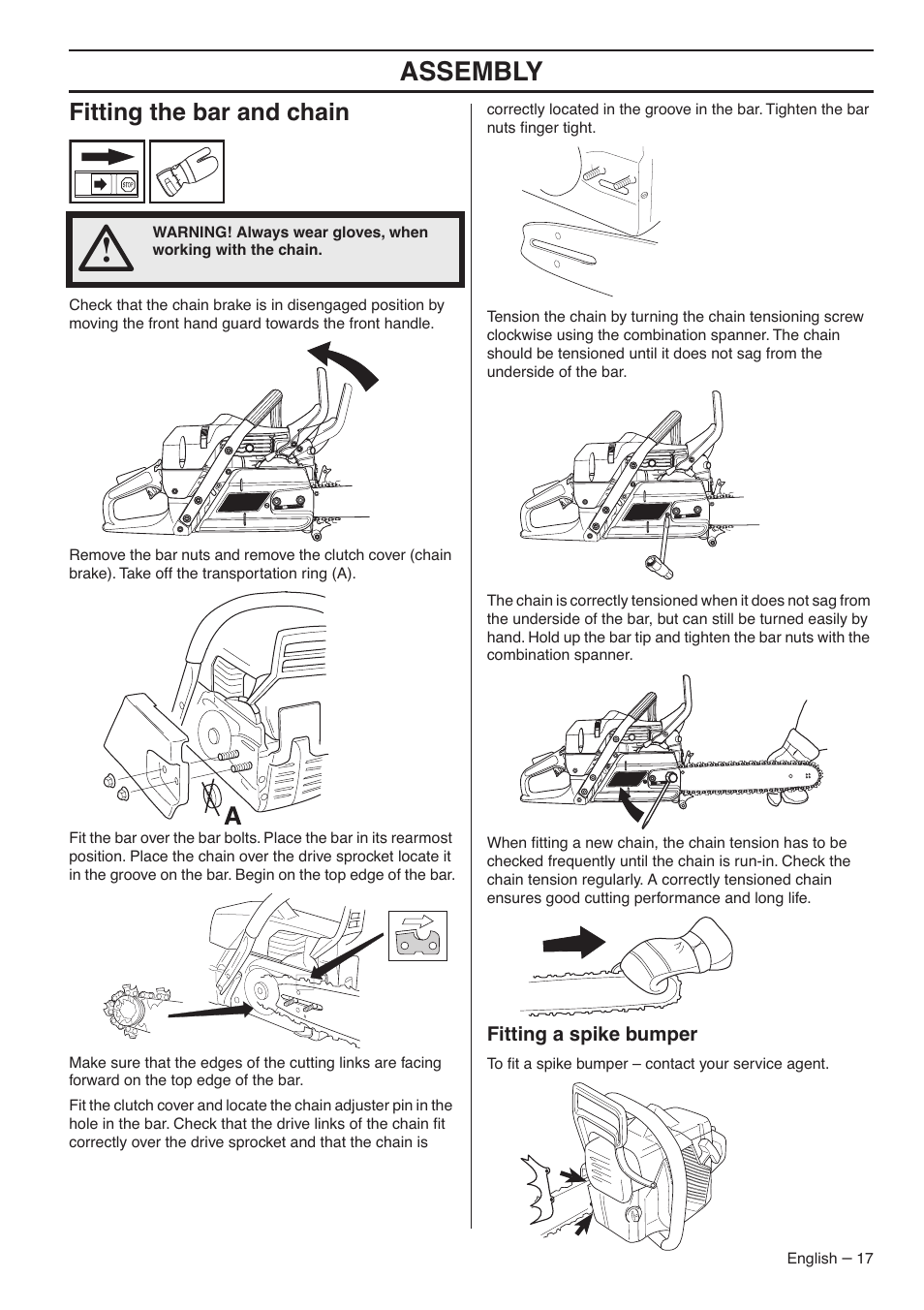 Fitting the bar and chain, Fitting a spike bumper, Assembly | Jonsered CS 2188 User Manual | Page 17 / 44