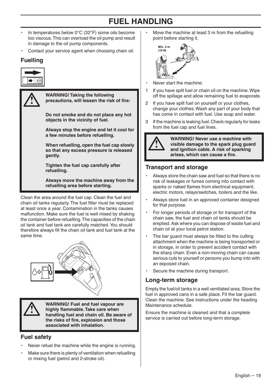 Fuelling, Fuel safety, Transport and storage | Long-term storage, Fuel handling | Jonsered CS 2188 User Manual | Page 19 / 44