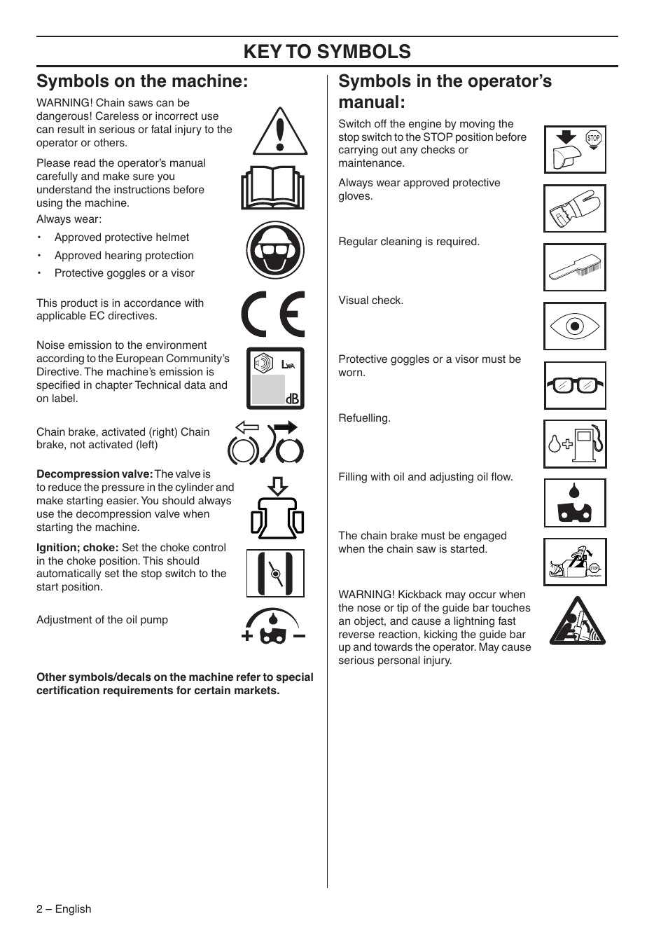 Symbols on the machine, Symbols in the operator’s manual, Key t o symbols | Symbols on the mac hine, Symbols in the operator’ s manual | Jonsered CS 2188 User Manual | Page 2 / 44