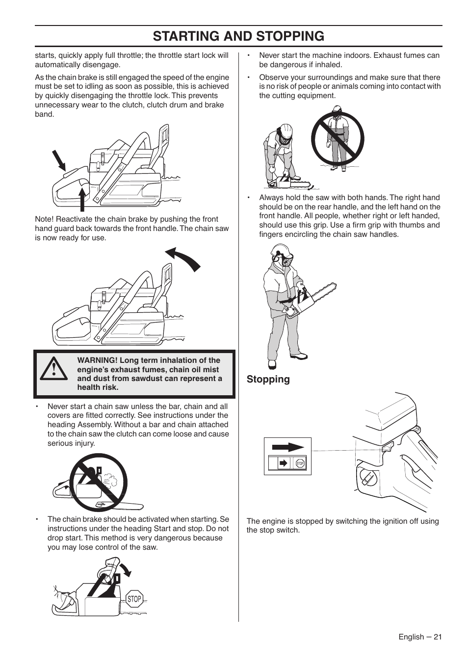 Stopping, Starting and stopping | Jonsered CS 2188 User Manual | Page 21 / 44