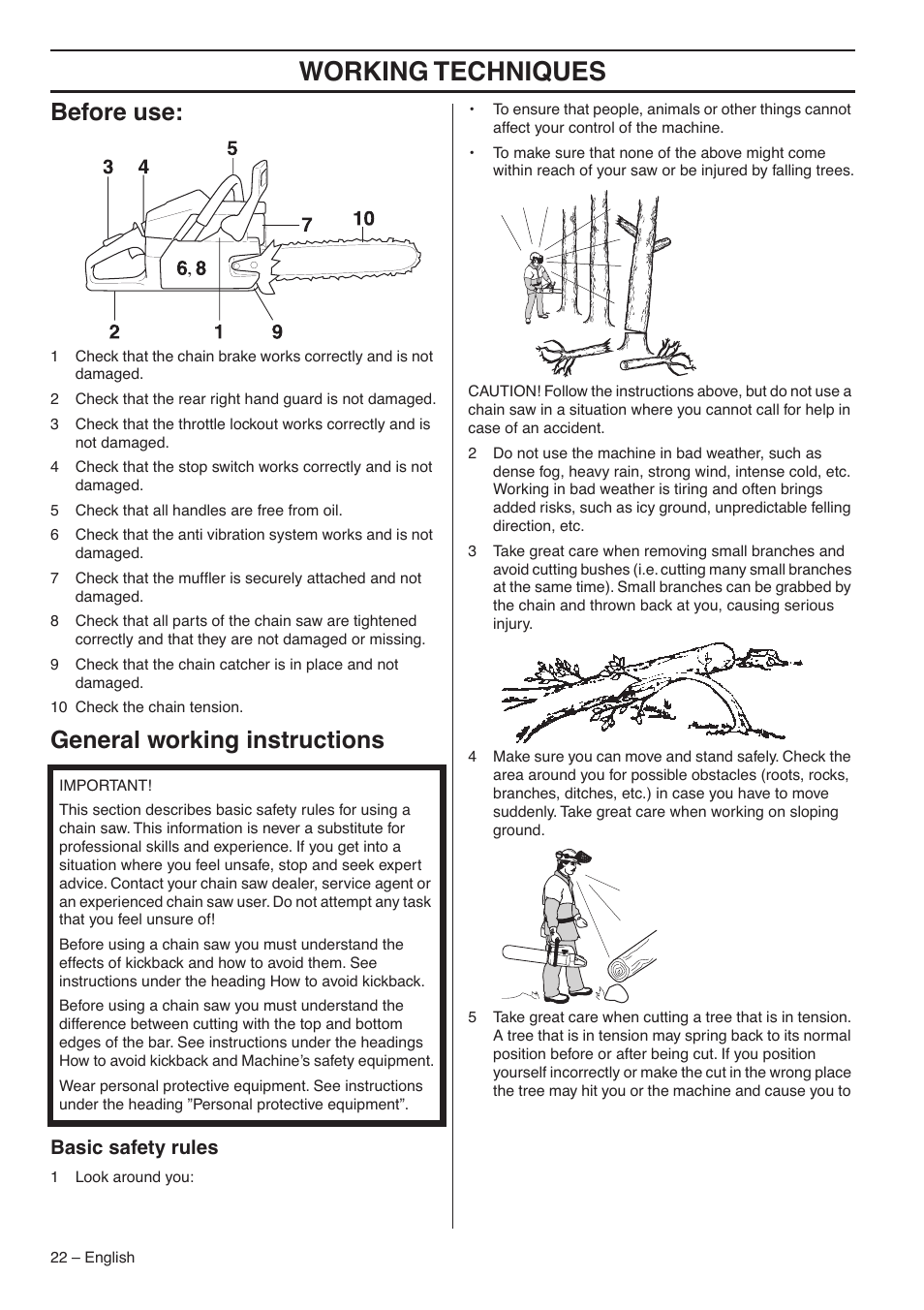 Before use, General working instructions, Basic safety rules | Working techniques | Jonsered CS 2188 User Manual | Page 22 / 44