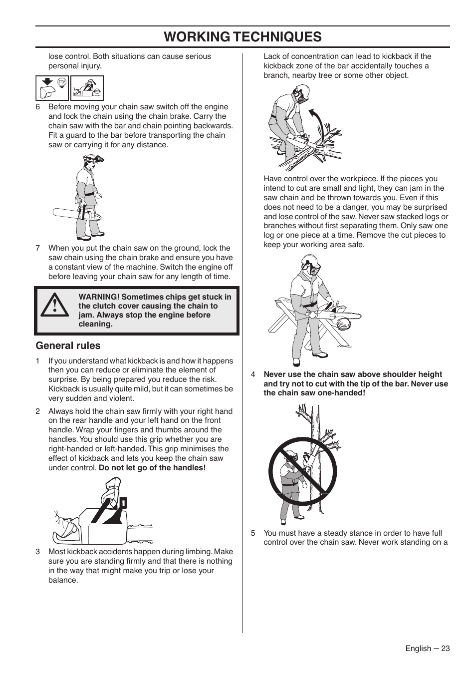 General rules, Working techniques | Jonsered CS 2188 User Manual | Page 23 / 44