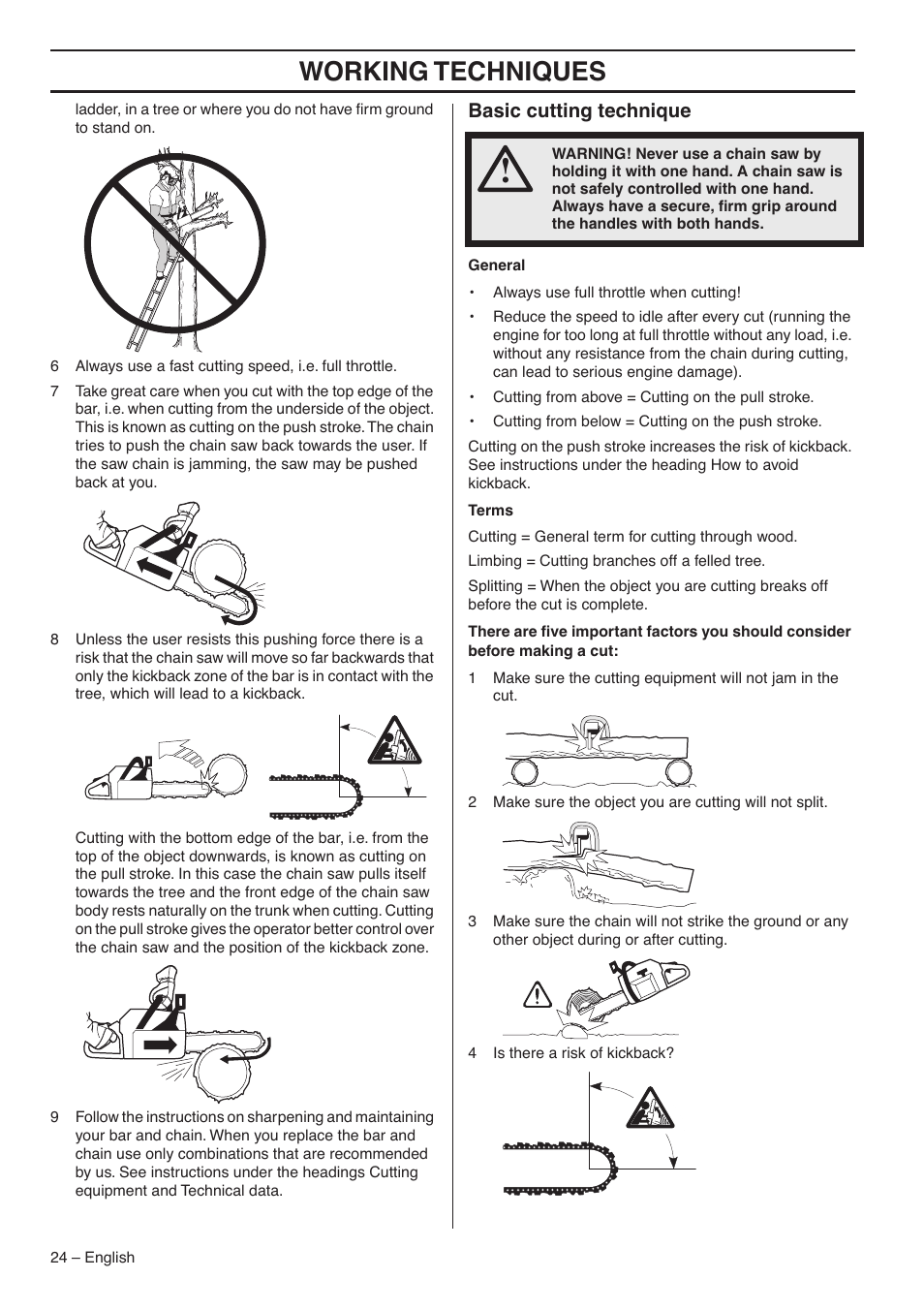 Basic cutting technique, Working techniques | Jonsered CS 2188 User Manual | Page 24 / 44