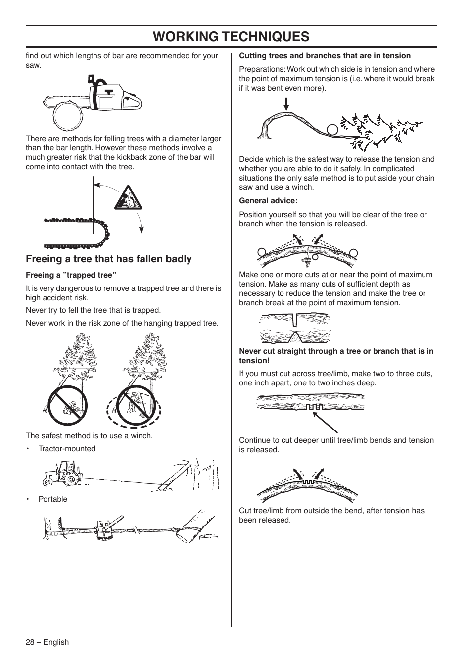 Freeing a tree that has fallen badly, Working techniques | Jonsered CS 2188 User Manual | Page 28 / 44