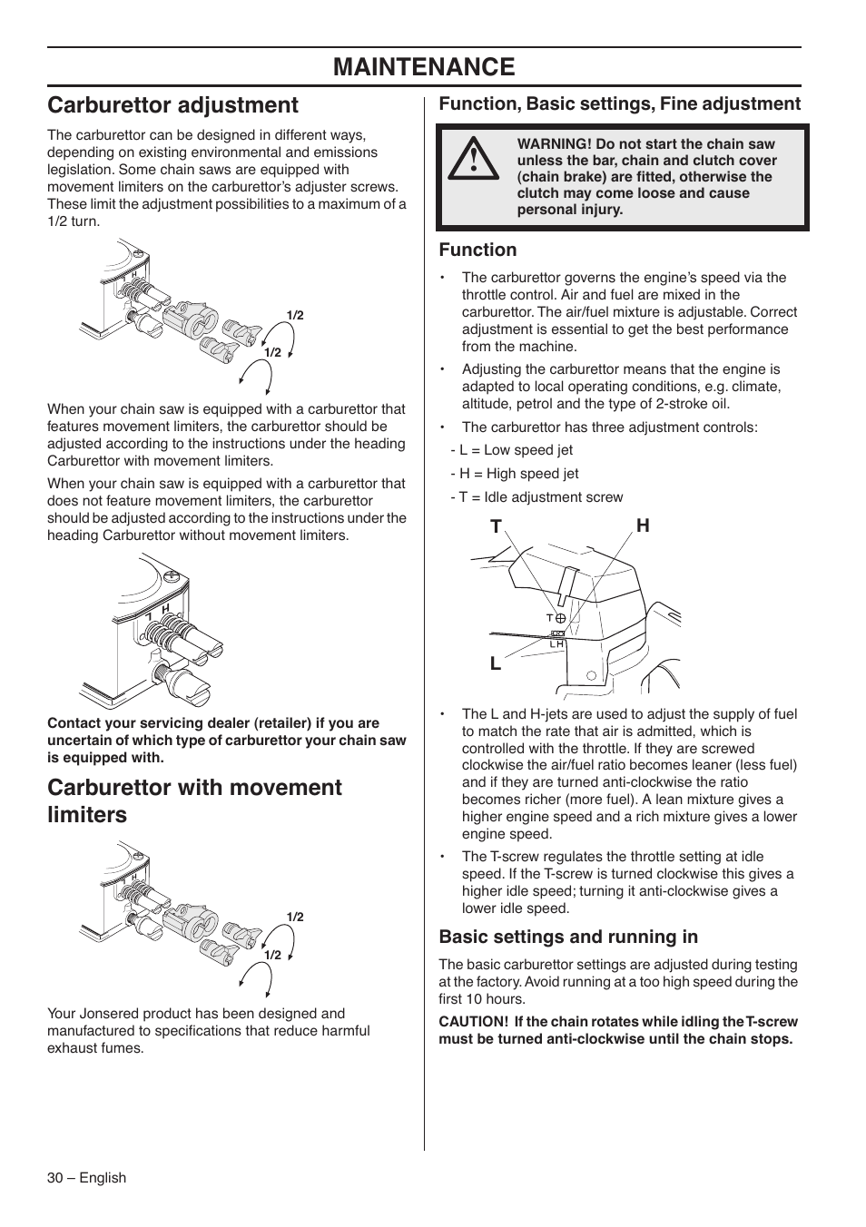 Carburettor adjustment, Carburettor with movement limiters, Function, basic settings, fine adjustment | Function, Basic settings and running in, Maintenance, Function, basic settings, fine adjustment function, Lh t | Jonsered CS 2188 User Manual | Page 30 / 44
