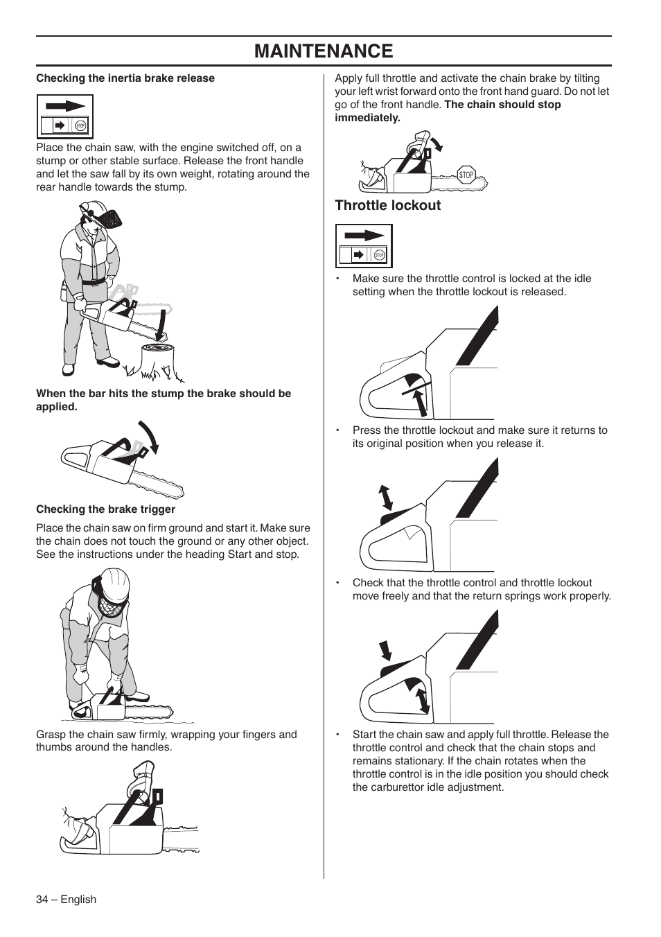 Throttle lockout, Maintenance | Jonsered CS 2188 User Manual | Page 34 / 44