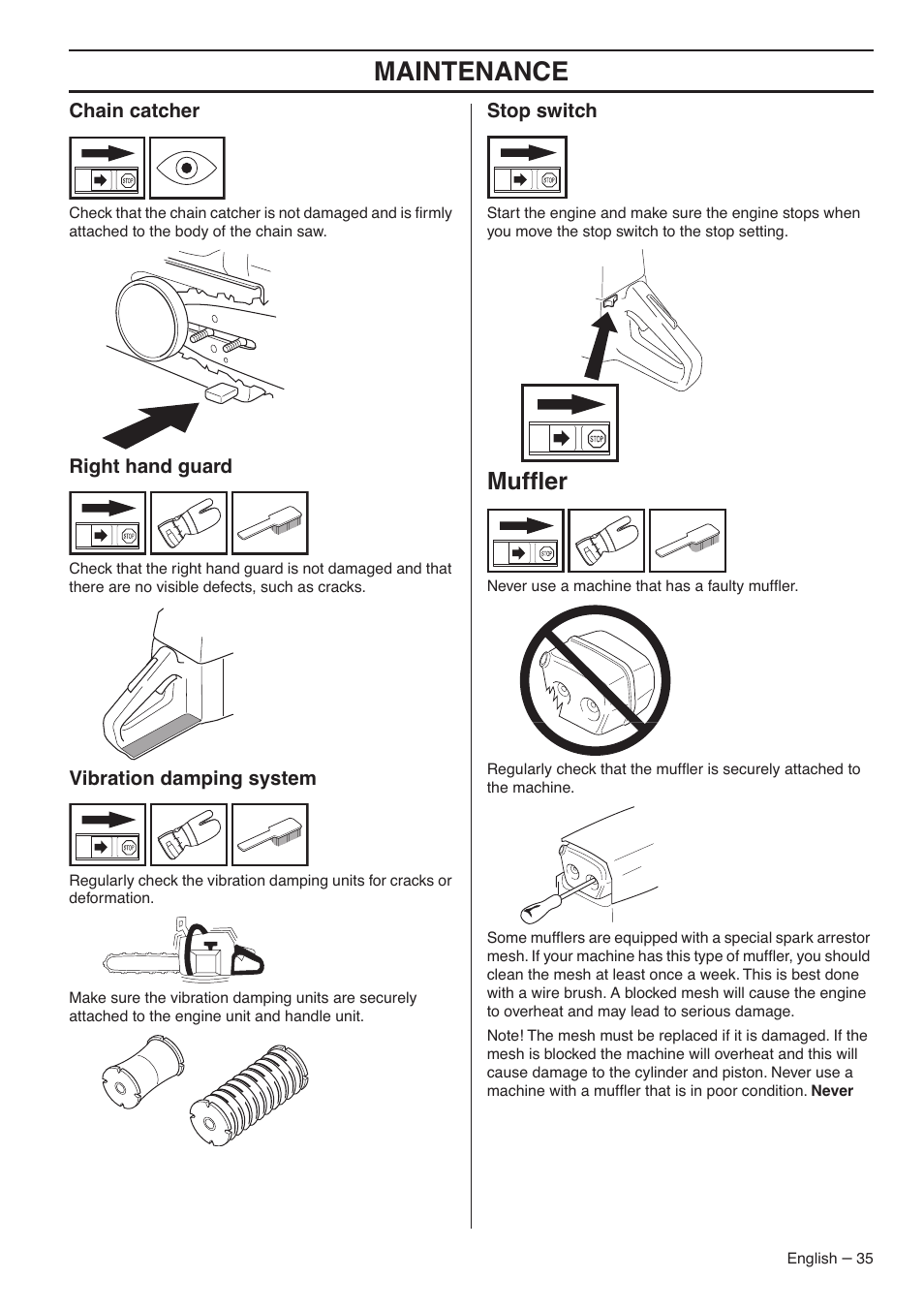 Chain catcher, Right hand guard, Vibration damping system | Stop switch, Muffler, Maintenance, Mufﬂer | Jonsered CS 2188 User Manual | Page 35 / 44