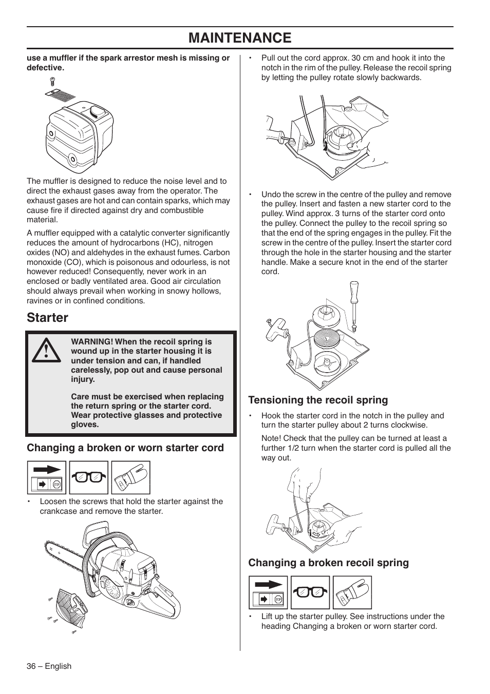 Starter, Changing a broken or worn starter cord, Tensioning the recoil spring | Changing a broken recoil spring, Maintenance | Jonsered CS 2188 User Manual | Page 36 / 44