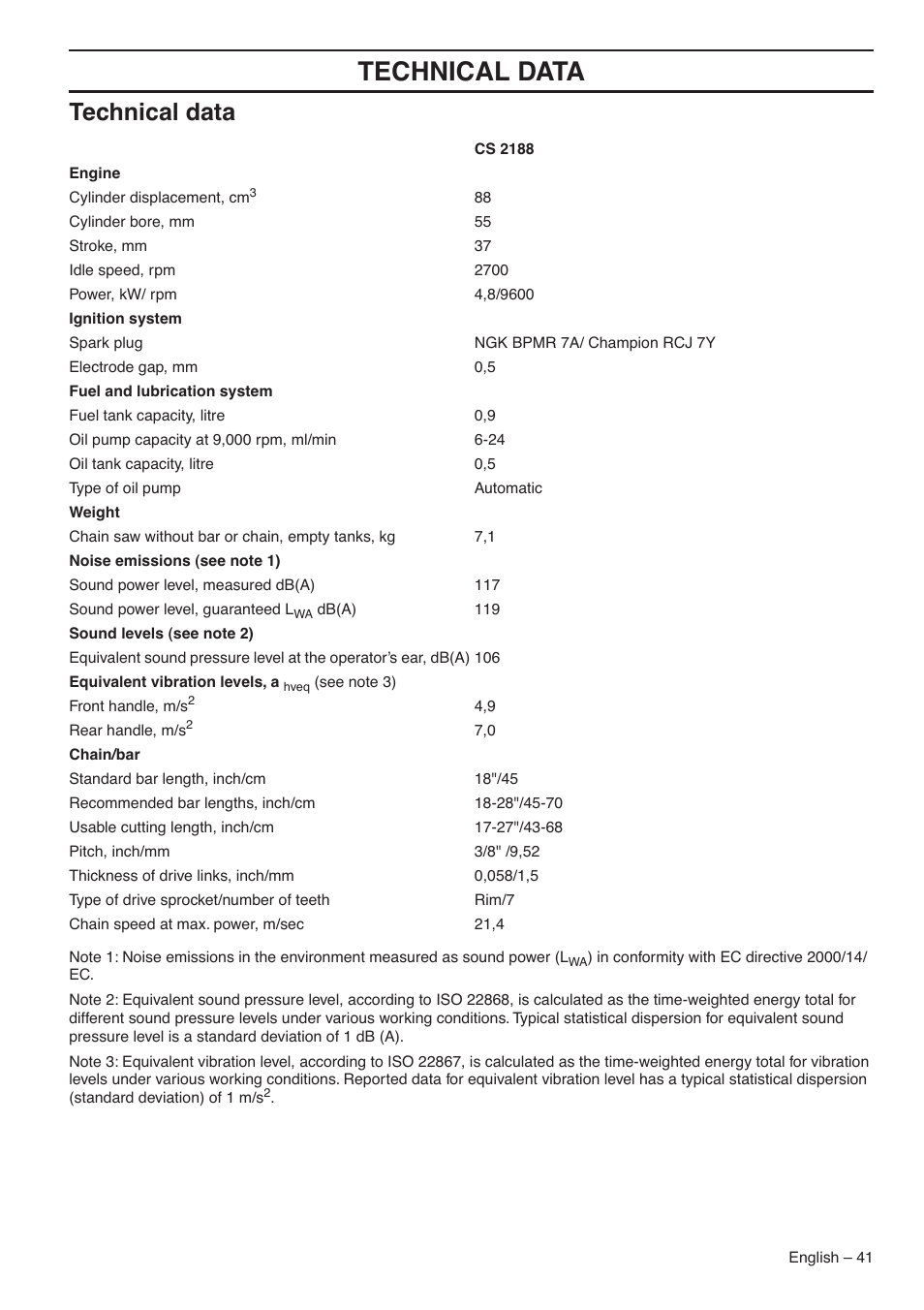 Technical data | Jonsered CS 2188 User Manual | Page 41 / 44