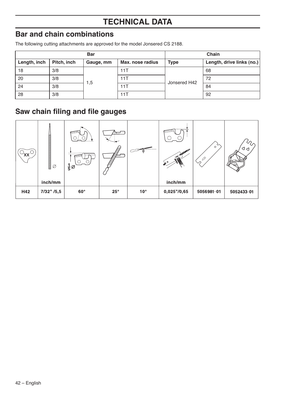 Bar and chain combinations, Saw chain filing and file gauges, Technical data | Saw chain ﬁling and ﬁle gauges | Jonsered CS 2188 User Manual | Page 42 / 44