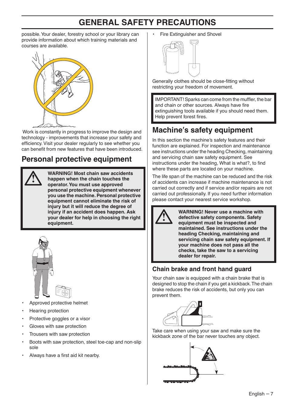 Personal protective equipment, Machine¢s safety equipment, Chain brake and front hand guard | General safety preca utions, P ersonal protective equipment, Mac hine ′′′′ s safety equipment | Jonsered CS 2188 User Manual | Page 7 / 44