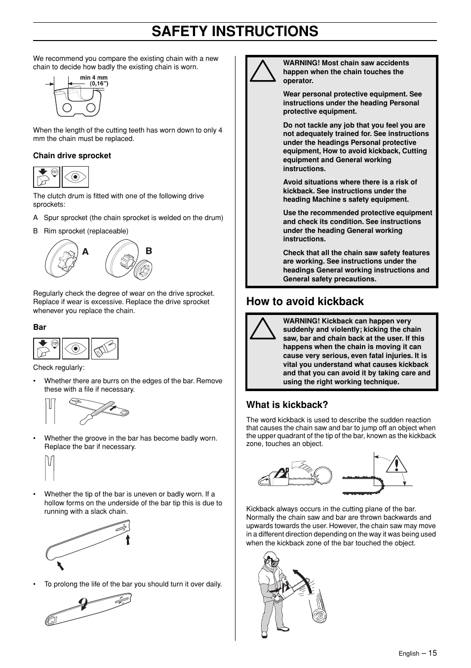 How to avoid kickback, What is kickback, Safety instructions | Jonsered CS 2145 EPA II User Manual | Page 15 / 37