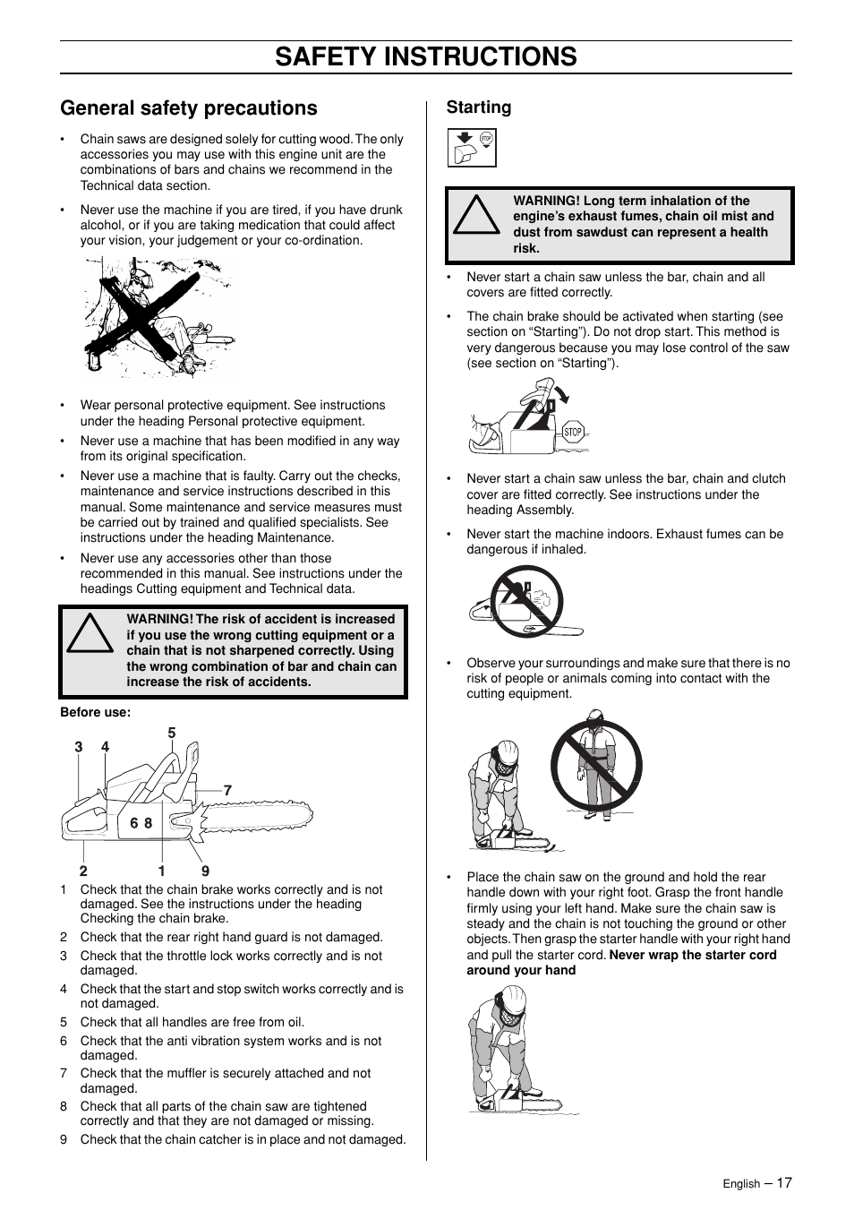 General safety precautions, Starting, Safety instructions | Jonsered CS 2145 EPA II User Manual | Page 17 / 37