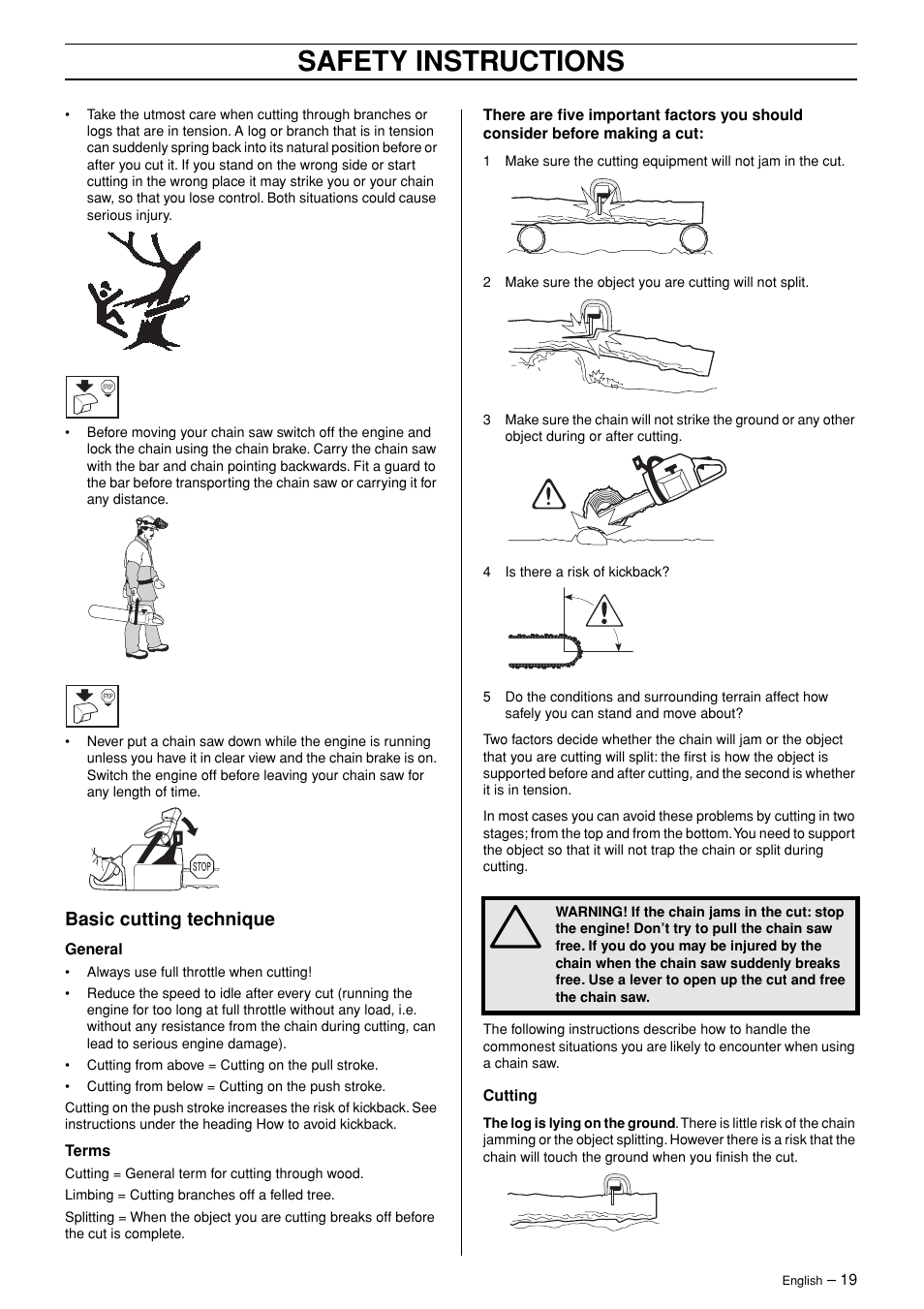 Basic cutting technique, Safety instructions | Jonsered CS 2145 EPA II User Manual | Page 19 / 37