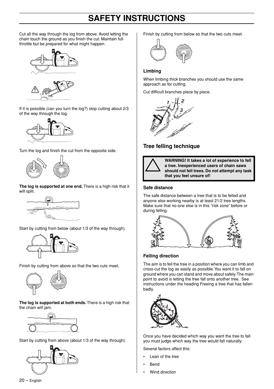 Tree felling technique, Safety instructions | Jonsered CS 2145 EPA II User Manual | Page 20 / 37