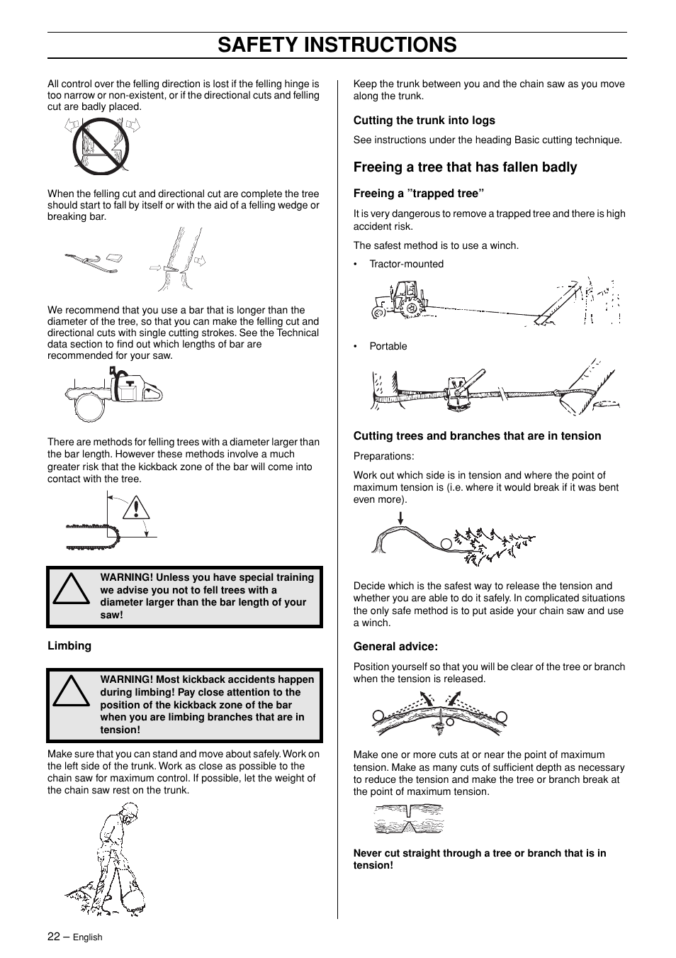 Freeing a tree that has fallen badly, Safety instructions | Jonsered CS 2145 EPA II User Manual | Page 22 / 37