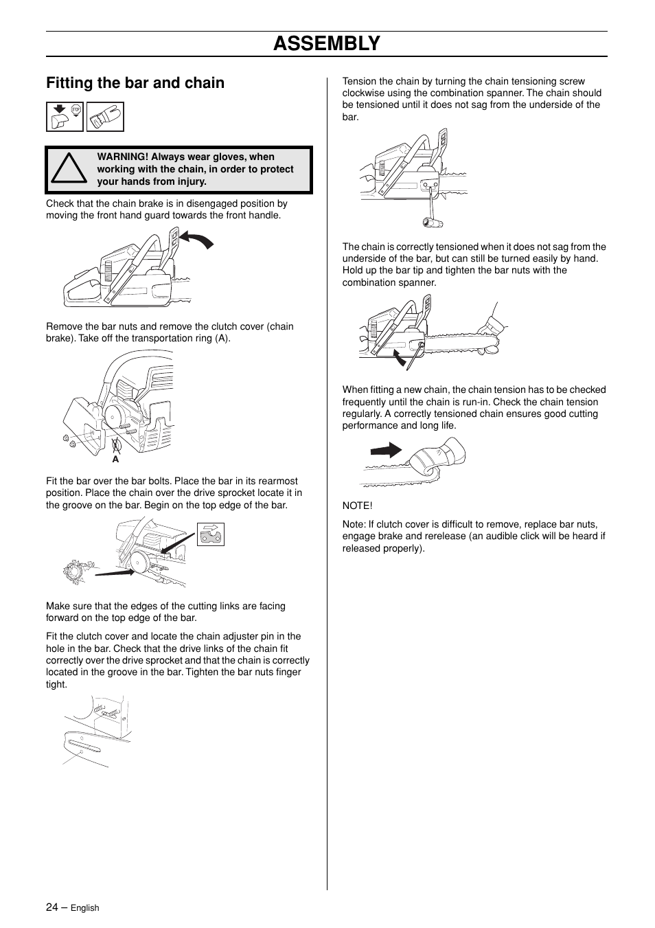 Fitting the bar and chain, Assembly | Jonsered CS 2145 EPA II User Manual | Page 24 / 37