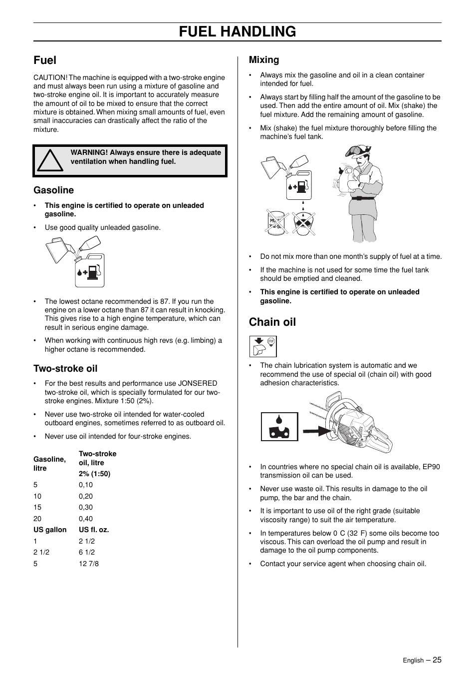 Fuel, Gasoline, Two-stroke oil | Mixing, Chain oil, Fuel handling | Jonsered CS 2145 EPA II User Manual | Page 25 / 37