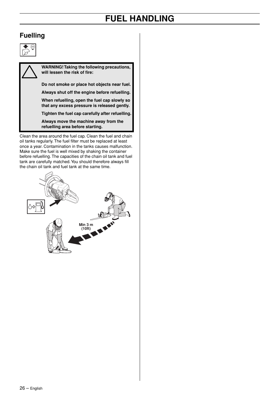 Fuelling, Fuel handling | Jonsered CS 2145 EPA II User Manual | Page 26 / 37