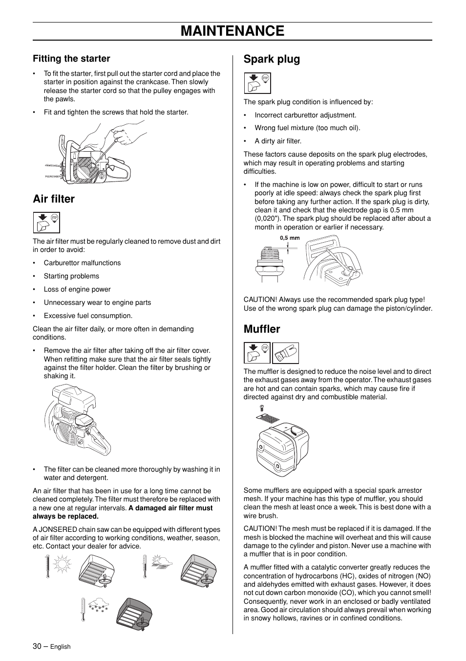 Fitting the starter, Air filter, Spark plug | Muffler, Maintenance | Jonsered CS 2145 EPA II User Manual | Page 30 / 37