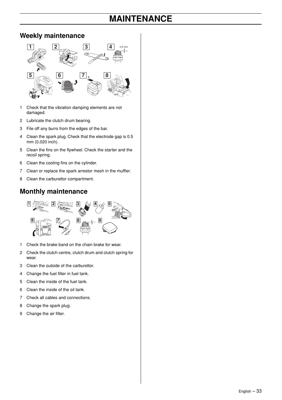Weekly maintenance, Monthly maintenance, Maintenance | Jonsered CS 2145 EPA II User Manual | Page 33 / 37