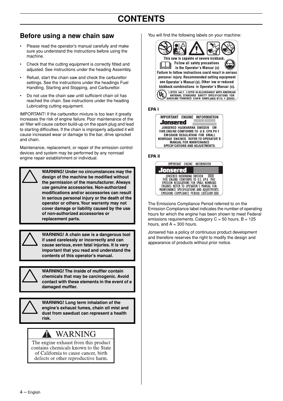 Jonsered CS 2145 EPA II User Manual | Page 4 / 37