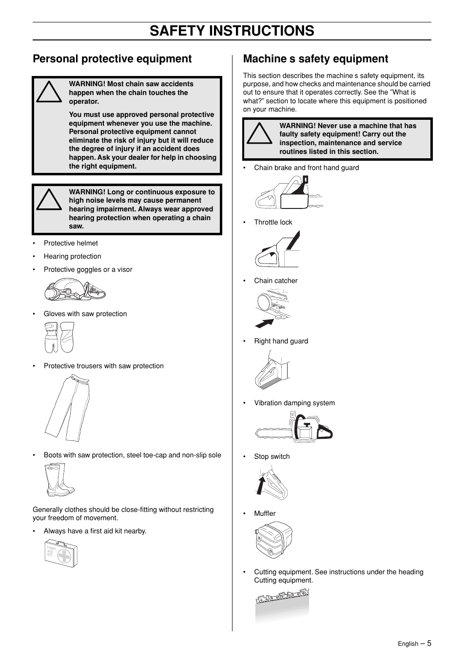 Personal protective equipment, Machine¢s safety equipment, Safety instructions | Machine ′′′′ s safety equipment | Jonsered CS 2145 EPA II User Manual | Page 5 / 37